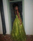 Stunning Green A Line Spaghetti Strap Corset Sequin Long Prom Dress Evening Dress HZ1023