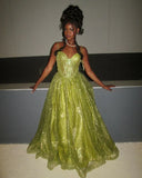 Stunning Green A Line Spaghetti Strap Corset Sequin Long Prom Dress Evening Dress HZ1023