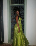 Stunning Green A Line Spaghetti Strap Corset Sequin Long Prom Dress Evening Dress HZ1023