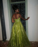 Stunning Green A Line Spaghetti Strap Corset Sequin Long Prom Dress Evening Dress HZ1023