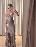 Charming Sheath Spaghetti Strap Sequin Ruffle Prom Dress Evening Dress with Slit HZ1023