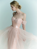Shiny Pink Mermaid Off the Shoulder Tulle Sequin Party Dress Prom Dress Formal Gown HZ1023
