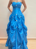 Princess A Line Sweetheart Neck Beaded Rhinestone Blue Satin Long Prom Dress Evening Dress HZ1023
