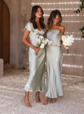 Simple A Line Sage Green Satin Evening Dress Bridesmaid Dress HZ1023