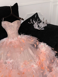 3D Floral Ball Gown Strapless Feather Sequin Tulle Prom Dress Party Dress HZ1023