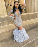 Luxurious Beaded Long Sleeves Mermaid Prom Dress With Feathers HZ1023