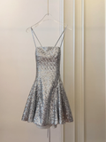 Shiny A Line Spaghetti Strap Silver Sequin Short Open Back Homecoming Dress Cocktail Dress HZ1023