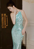 Shiny Blue Sequin One Shoulder Rhinestone Prom Dress Evening Dress Open Back HZ1023