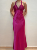 Hot Pink Mermaid V Neck Beaded Satin Open Back Prom Dress Evening Dress HZ1023
