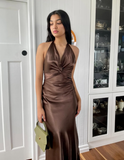 Simple A Line Halter Brown Satin Open Back Evening Dress Party Dress HZ1023