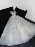 Gorgeous Ball Gown Strapless White Flower Silver Sequin Organza Prom Dress Party Dress HZ1023