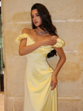 Gentle Yellow A Line Puff Lace Satin Long Prom Dress Party Dress Date Dress HZ1023
