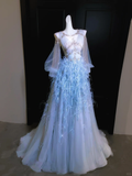 Exquisite Beaded Long Sleeve Blue Feather Tulle Date Dress Evening Dress Prom Dress HZ1023