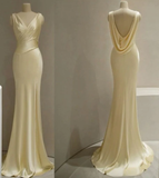 Pastel Yellow Satin Backless Slit Mermaid Long Prom Dress HZ1023