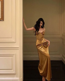 French Gold Velvet Slip Mermaid Prom Dress Long Evening Dress HZ1023