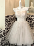 White Ball Gown Sweetheart Neck Beaded Tulle Short Homecoming Dress Birthday Dress HZ1023