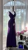 Retro Sexy Dark Purple Beaded Mermaid V Neck Chiffon Evening Dress Party Dress HZ1023