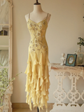 Yellow Mermaid Spaghetti Strap Embroidered Beaded Ruffle Chiffon Prom Dress Formal Dress HZ1023