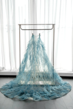 Gorgeous A Line Strapless Beaded Blue Tulle Long Party Dress Evening Dress HZ1023