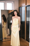 Unique A Line Strapless Yellow Satin Long Prom Dress Formal Gown Party Dress HZ1023