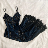 Gorgeous Mermaid Spaghetti Straps Beaded Navy Blue Satin Long Prom Dress HZ1023