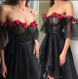 Off the Shoulder Sweetheart Black Prom Dress With Flowers HZ1023