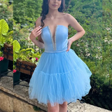 Sky Blue Homecoming Dress Strapless A Line Tulle Beaded Short Prom Birthday Party Dress HZ1023