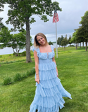 Fairy Sky Blue Sequare Neck Tiered Tulle Evening Dress Long Prom Dress HZ1023