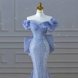 Sparkly Blue Prom Dress With Bow Sequins Off The Shoulder Mermaid Evening Gown HZ1023