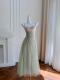 Stunning A Line Spaghetti Strap Beaded Sequin Green Ombre Tulle Prom Dress Evening Dress HZ1023