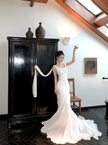 Elegant Mermaid Straps White Satin Long Sweep Party Dress Wedding Dress HZ1023