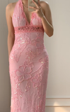 Vintage Sheath V Neck Beaded Pink Chiffon Long Prom Dress Evening Dress HZ1023