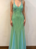 Green Mermaid Halter V Neck Beaded Chiffon Open Back Prom Dress Evening Dress HZ1023