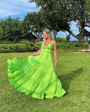 Unique V Neck Ruffles Long Prom Dress HZ1023