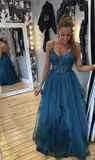 Blue Tulle Lace Appliques Long Prom Dress Evening Dress HZ1023