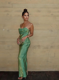 Stunning Green Sheath Spaghetti Strap Satin Long Prom Dress Party Dress HZ1023