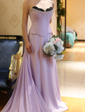 Lilac A Line Sweetheart Neck Beaded Satin Chiffon Long Prom Dress Evening Dress HZ1023