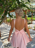 Pink A Line Straps Satin Short Homecoming Dress Cocktail Dress with Bow HZ1023