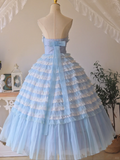 Vintage Blue Ball Gown Sweetheart Neck Layered Lace Tulle Prom Dress 16th Birthday Dress HZ1023