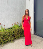 Red V Neck Long Sheath Evening Dress Satin Party Prom Dress HZ1023