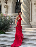 Charming Red A Line Halter Tulle Chiffon Long Prom Dress Evening Dress HZ1023
