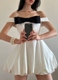 Cute Bow A Line Off the Shoulder White Satin Short Homecoming Dress Party Dress HZ1023