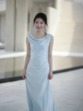 Gentle Baby Blue Sheath Straps Pleated Satin Prom Dress Evening Dress HZ1023
