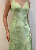 Green Mermaid V Neck Appliques Satin Open Back Long Prom Dress Outfits HZ1023