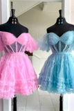 Pink Off-the-Shoulder Ruffles Puff Sleeves Homecoming Dress,Party Dress HZ1023
