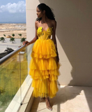 Unique Yellow Strapless Layered Tulle Long Prom Dress HZ1023