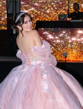 Romantic Poofy Pink Floral Wedding Dresses Off the Shoulder Ball Gown Quinceanera Dress HZ1023