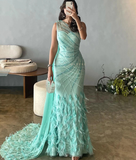 Luxurious Sheath One Shoulder Beaded Feather Long Prom Dress Evening Dress HZ1023