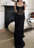 Sexy Black Sheath Straps Lace Chiffon Long Prom Dress Evening Dress HZ1023