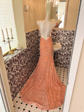 Shiny Orange Mermaid Spaghetti Strap Sequin Open Back Evening Dress Prom Dress HZ1023